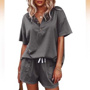 Gray Button-Up Shirt and Shorts Matching Set